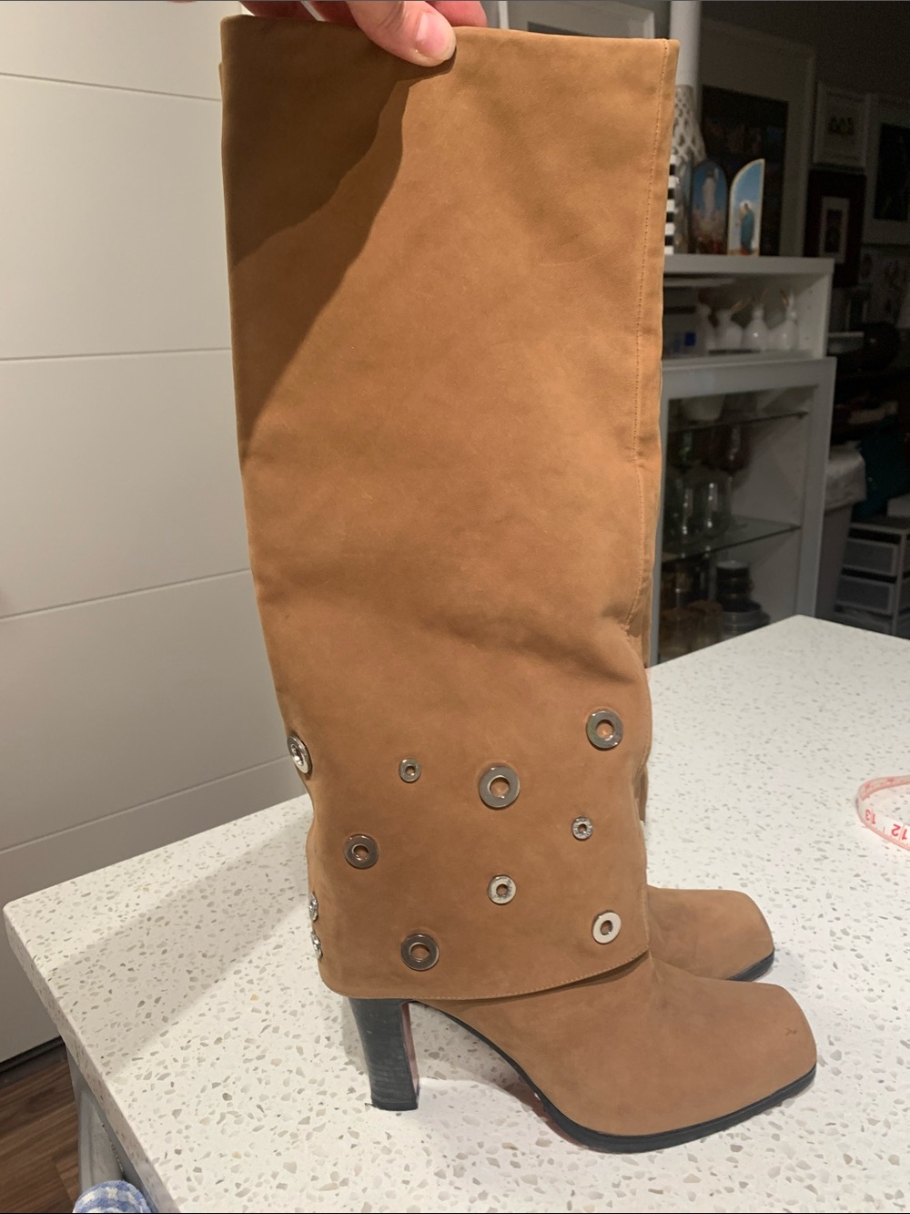 Suede Tan Knee-High Heeled Boots with Stud Detail